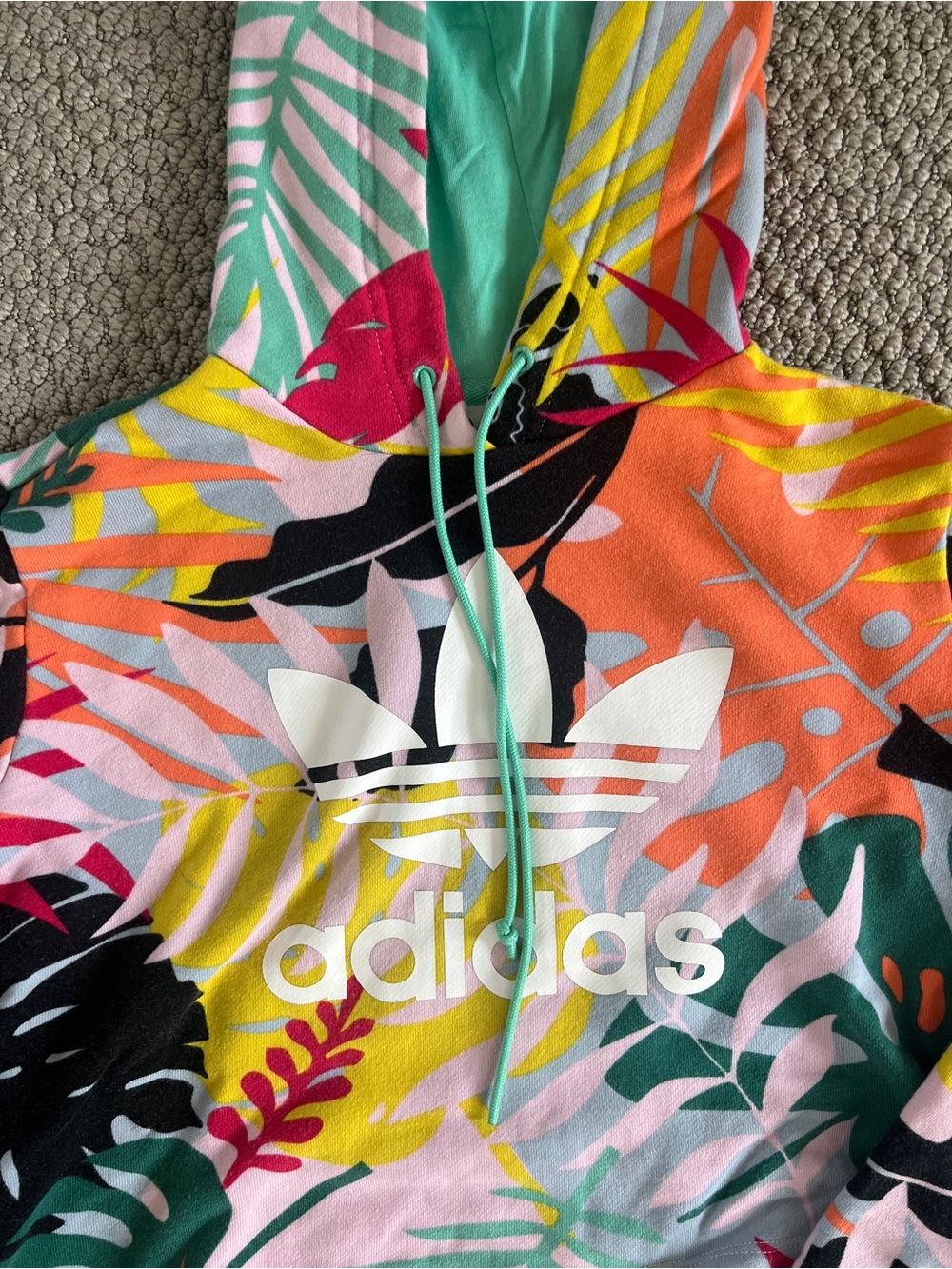Multi-color Tropical Print Cropped Hoodie with teal lining adidas